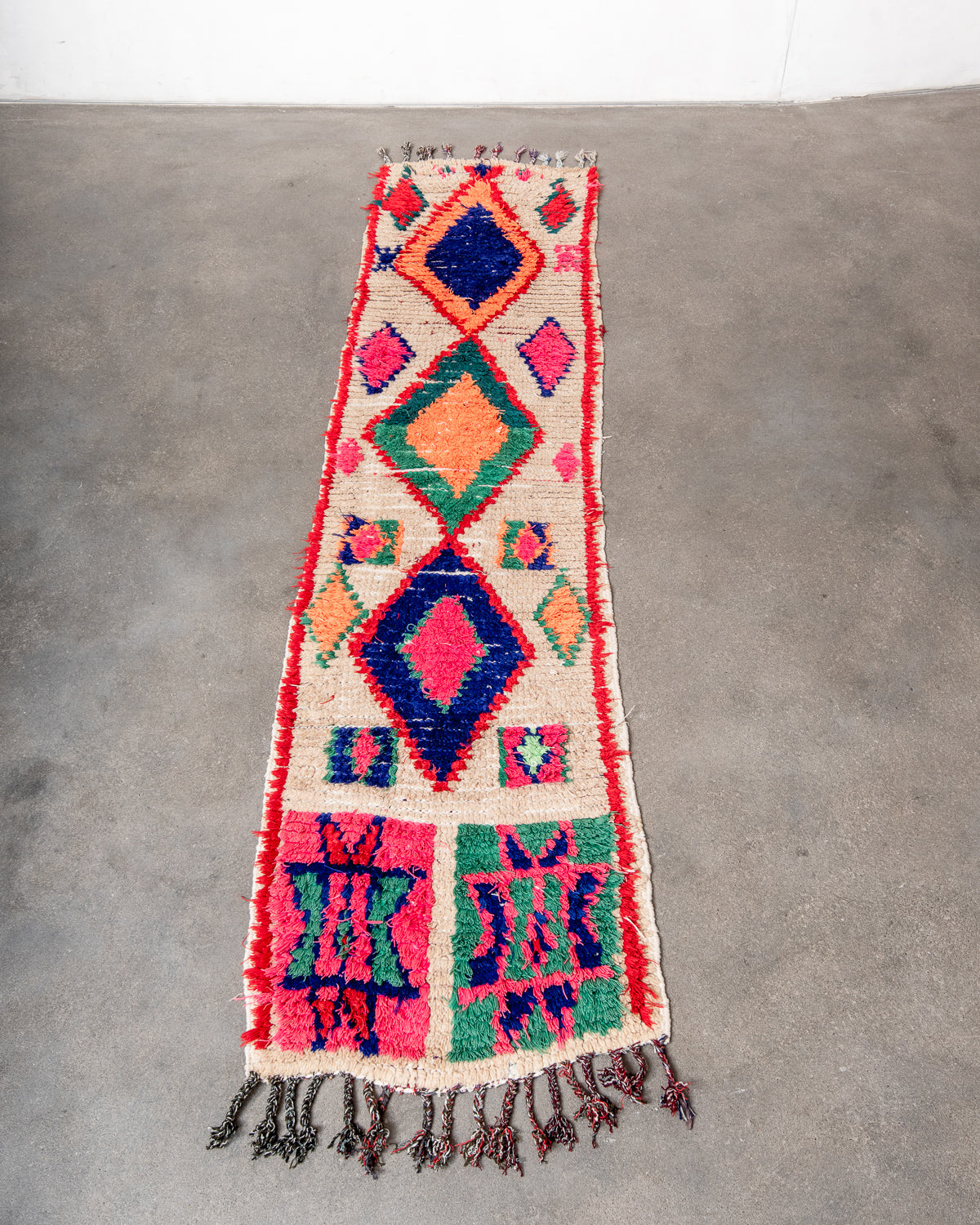 Modern, designer, handcrafted Berber runner rug from Morocco. Vintage carpet with beautiful colours and patterns and fluffy texture.